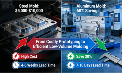 Comparison diagram showing traditional injection molding with steel molds, high costs, and slow lead times versus rapid injection molding with aluminum molds, 30% cost savings, and 7-10 day lead times.