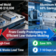Comparison diagram showing traditional injection molding with steel molds, high costs, and slow lead times versus rapid injection molding with aluminum molds, 30% cost savings, and 7-10 day lead times.