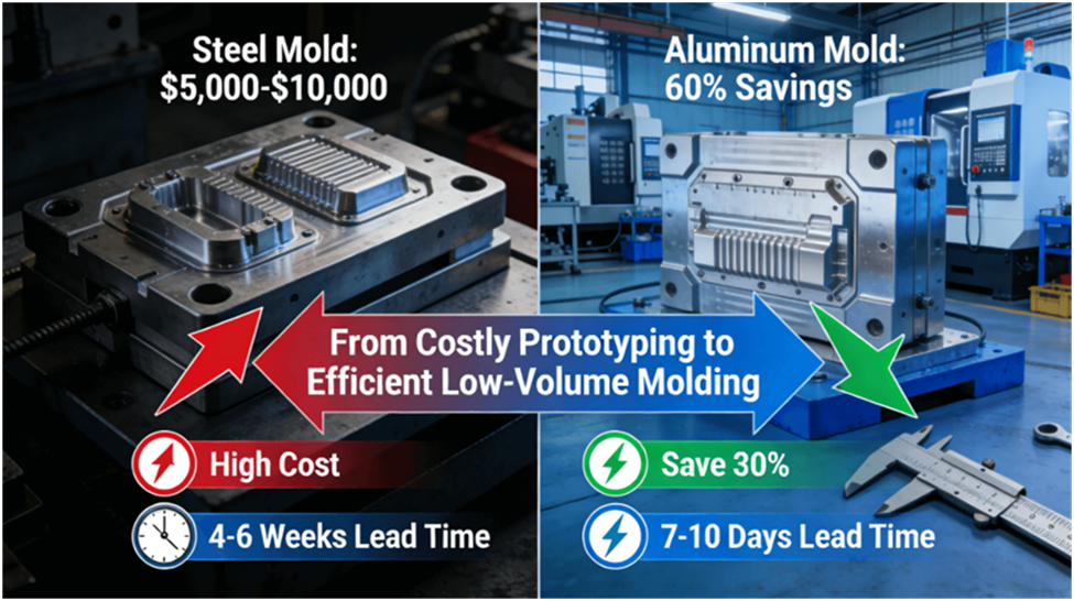 Comparison diagram showing traditional injection molding with steel molds, high costs, and slow lead times versus rapid injection molding with aluminum molds, 30% cost savings, and 7-10 day lead times.