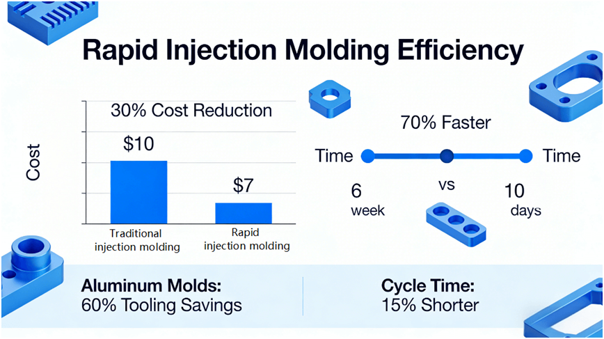Data chart illustrating the efficiency of rapid injection molding, including 30% unit cost reduction, 70% faster lead times, and 60% savings on tooling with aluminum molds.